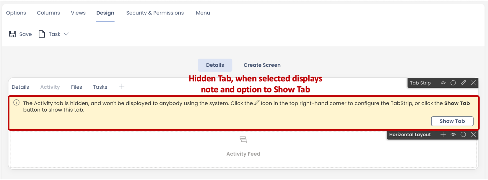 Message in designer on hidden tabs